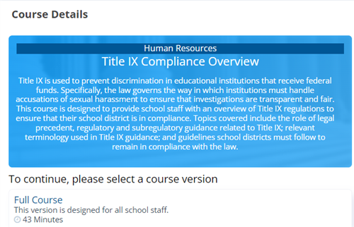 Infographic highlighting the Title IX Compliance Overview course.